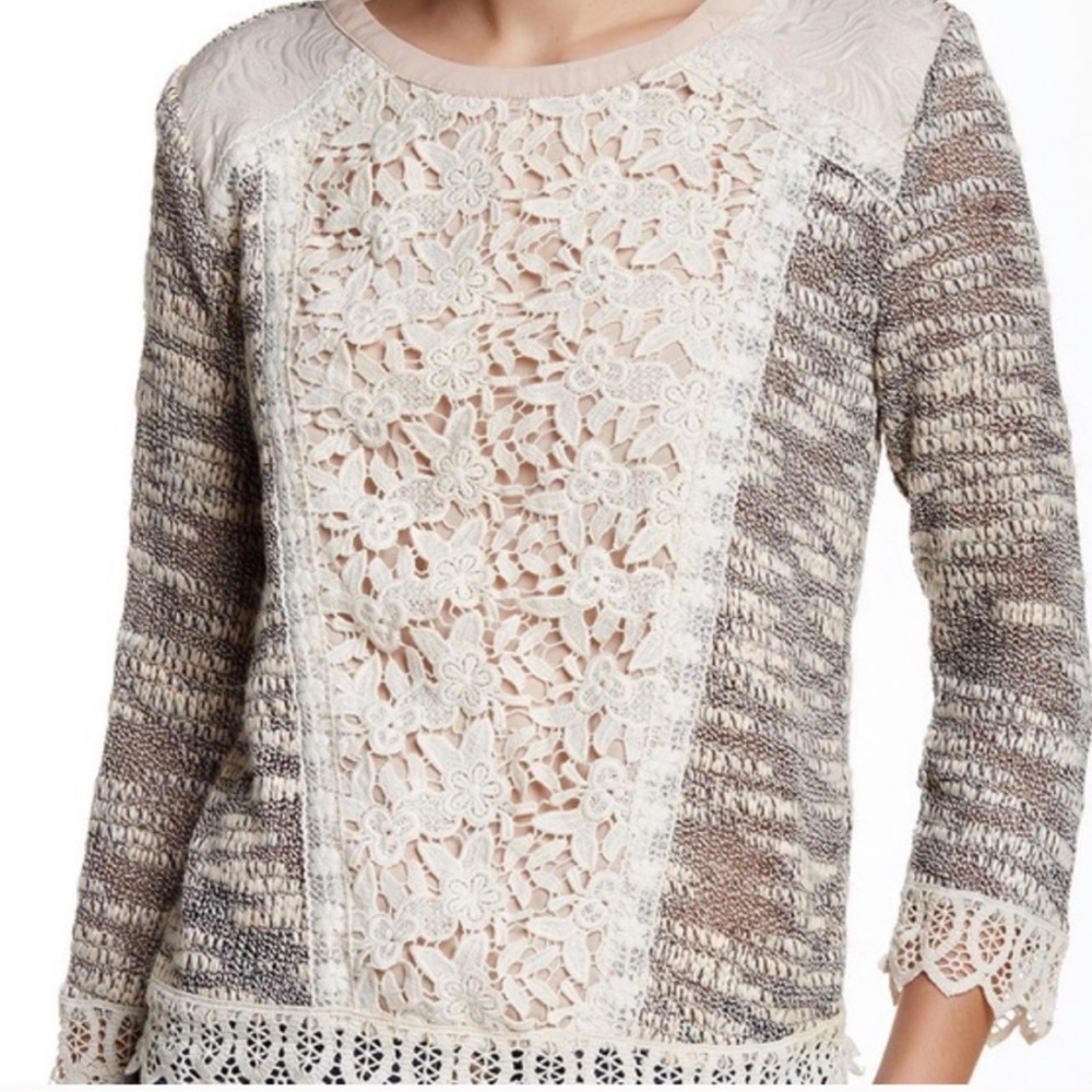 Anthropologie Champagne & Strawberry Lace Mixed Media Sweater